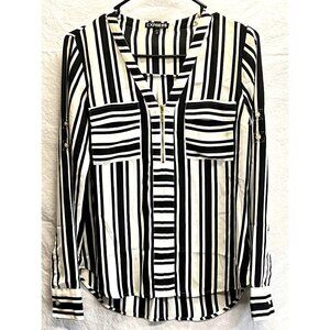 Express Women's Black & White Striped Zip-Front Blouse XS